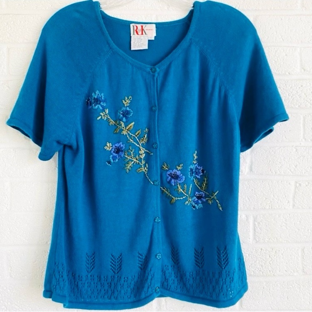 Vintage R&K Originals Knit Cardigan Turquoise Blue Embroidery Sz 12 Cottagecore